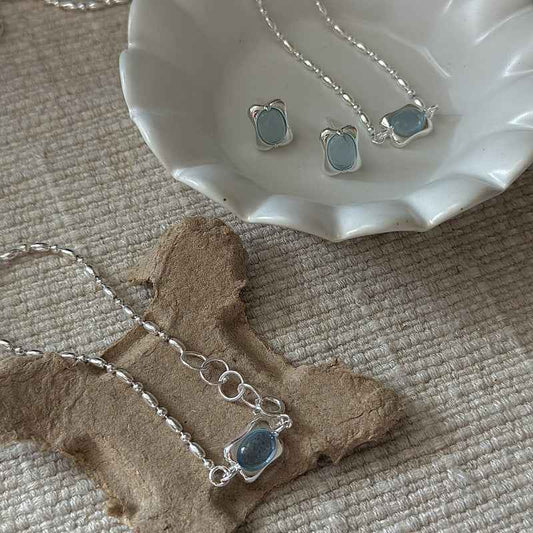 925 Sterling Silver Ocean Pillow Aquamarine Blue Jewelry Set Necklace Bracelet Earrings
