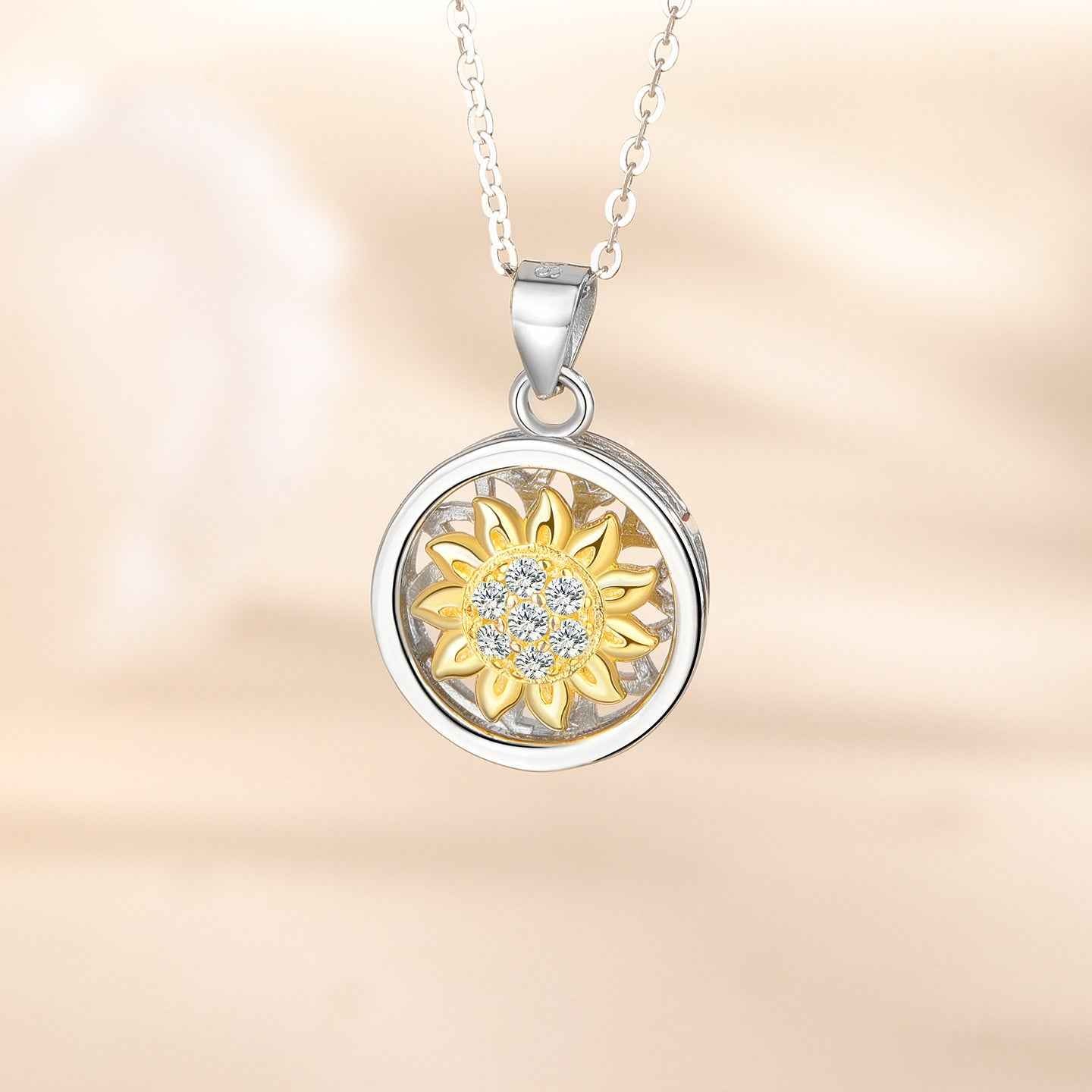 Sunlit Bloom Rotating Sunflower Pendant Necklace in S925 Sterling Silver