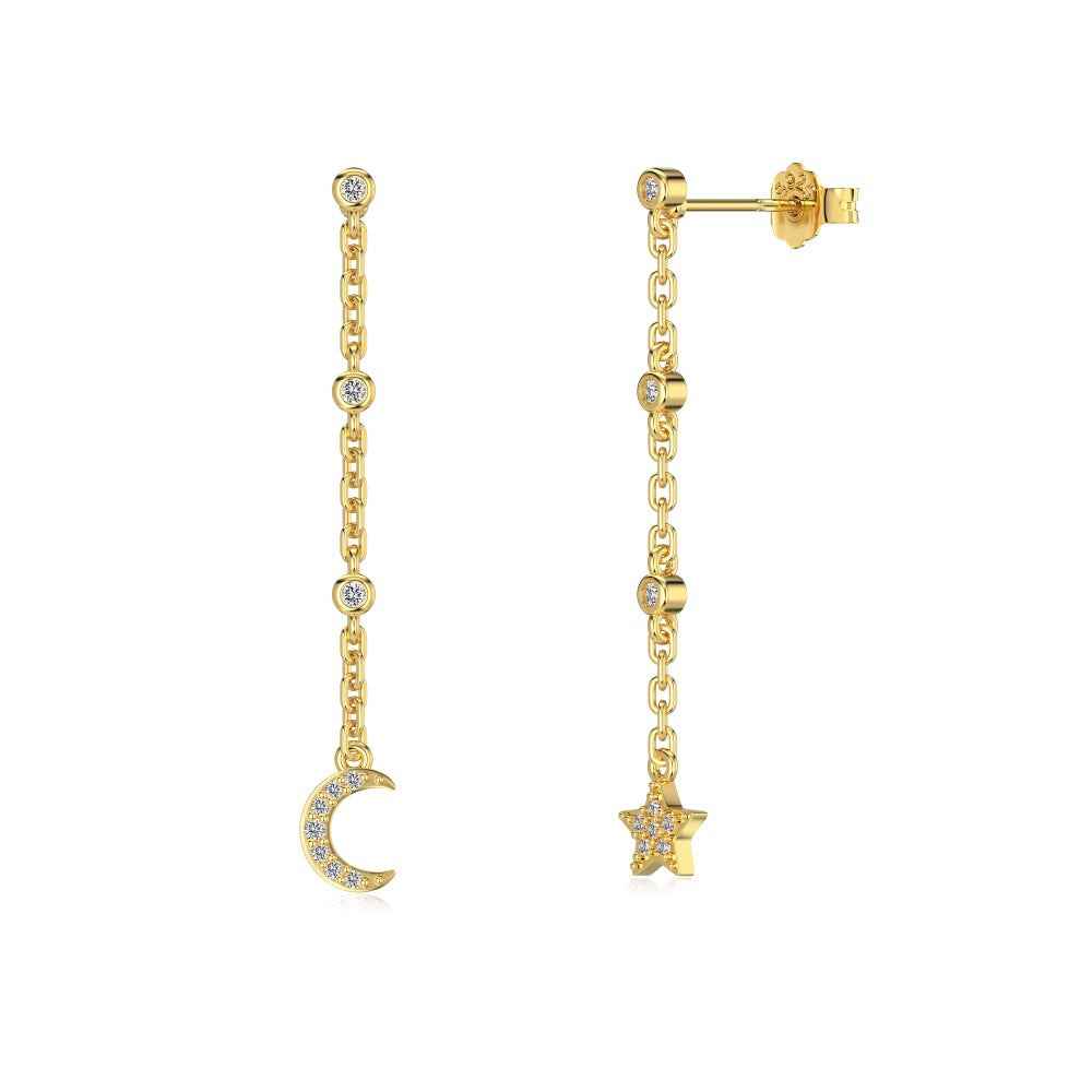 Moon & Star Dangle S925 Sterling Silver Asymmetrical Celestial Earrings