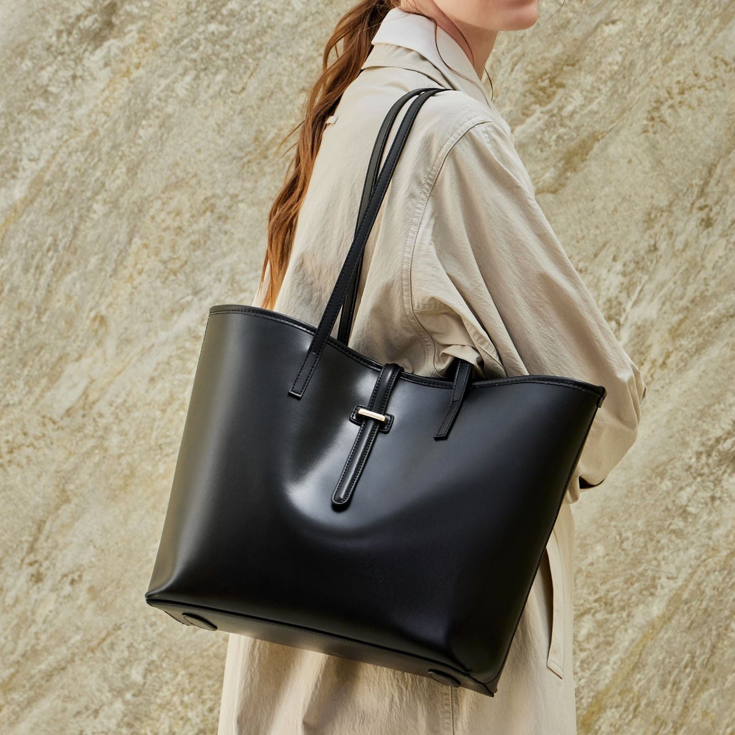 Women's Cowhide Tote Bag Set with Convertible Inner Pouch