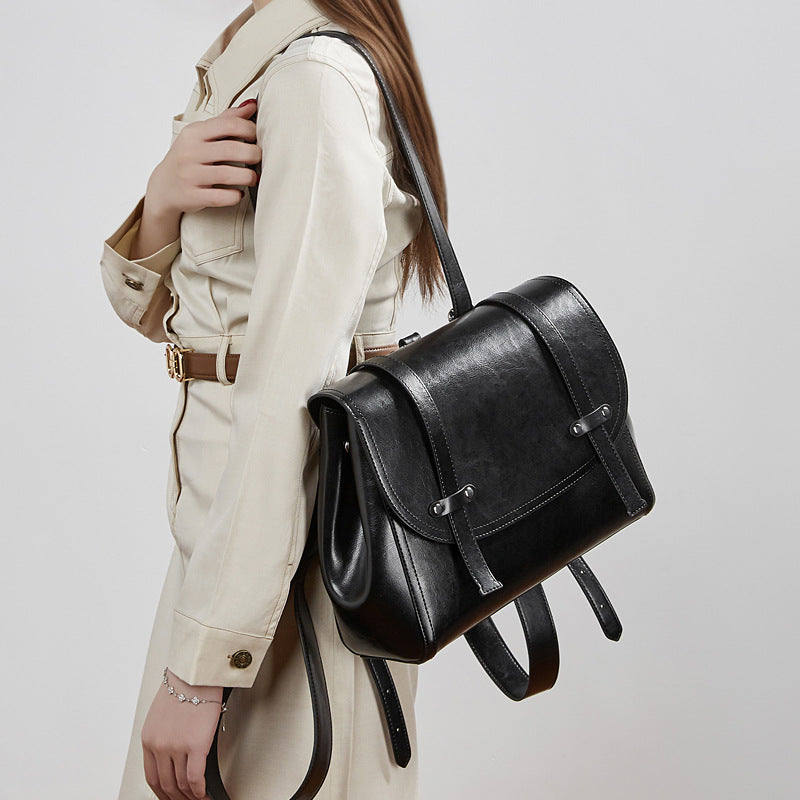 Women's Oil-Waxed Cowhide Convertible Flap Backpack