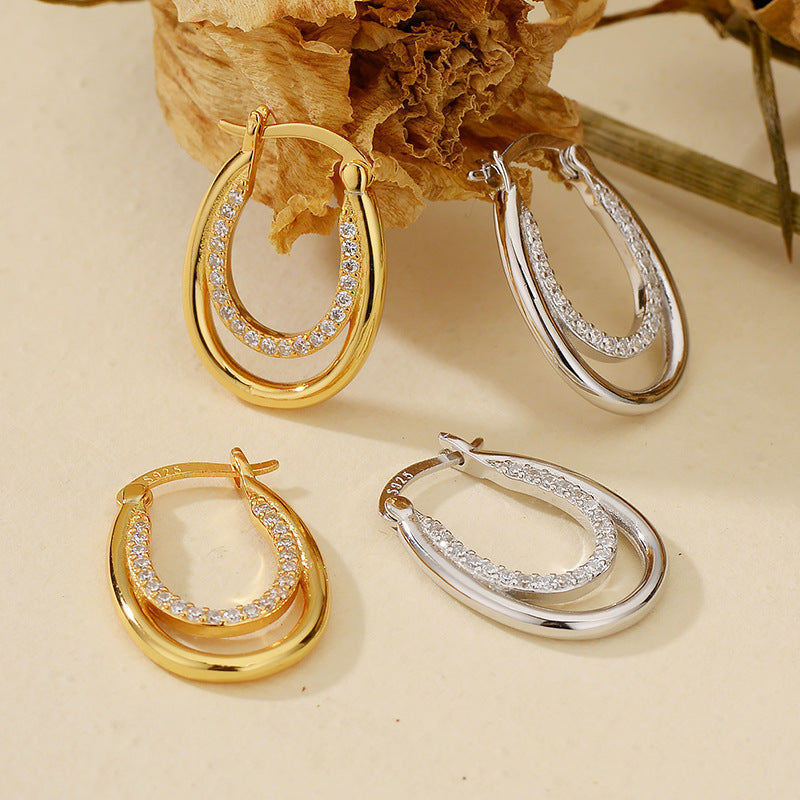 Modern Double Arc Pavé Huggie Earrings Sterling Silver Sculpted Hoop Design