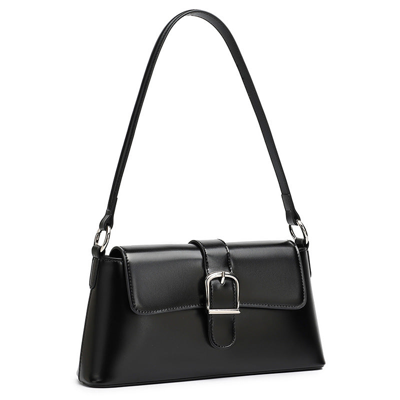 Women's Genuine Leather Vintage Baguette Shoulder Bag with Buckle
