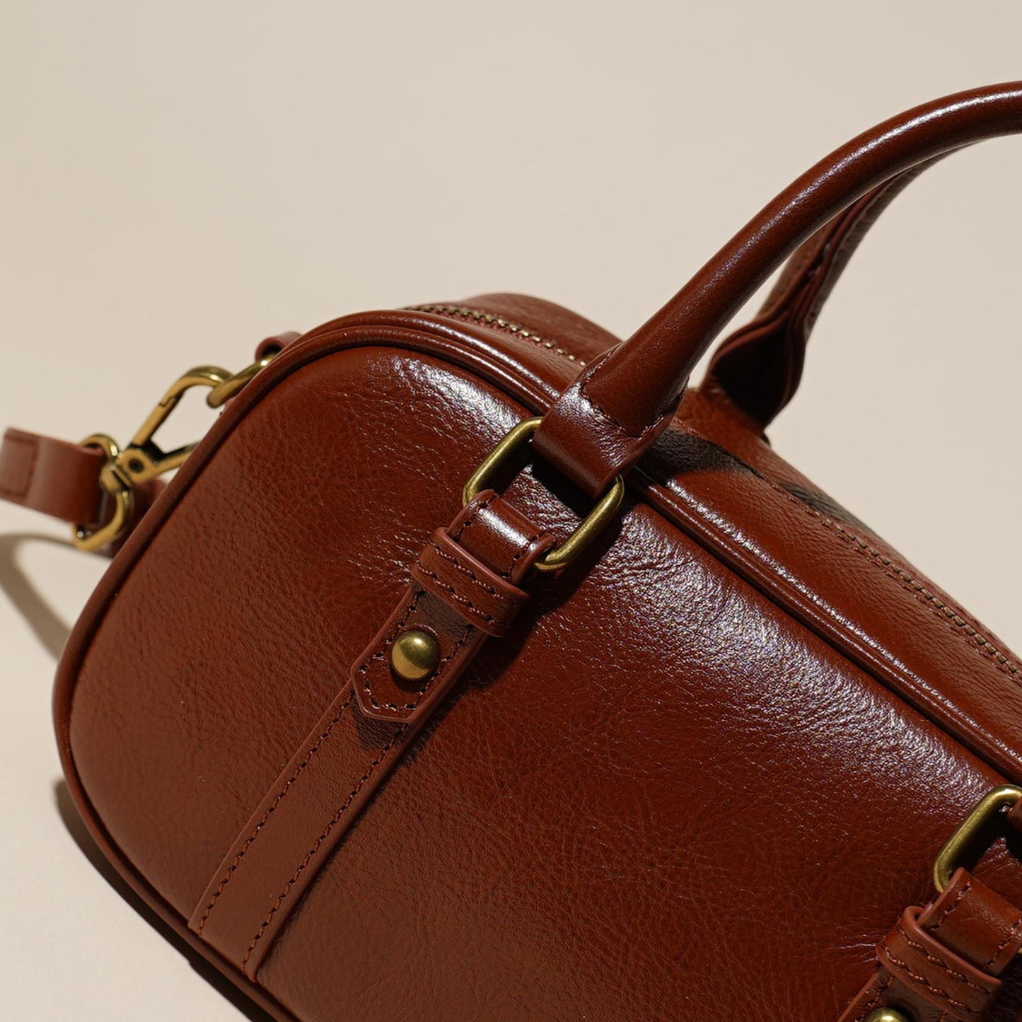 Women's Oil-Waxed Cowhide Mini Boston Bag with Top Handle