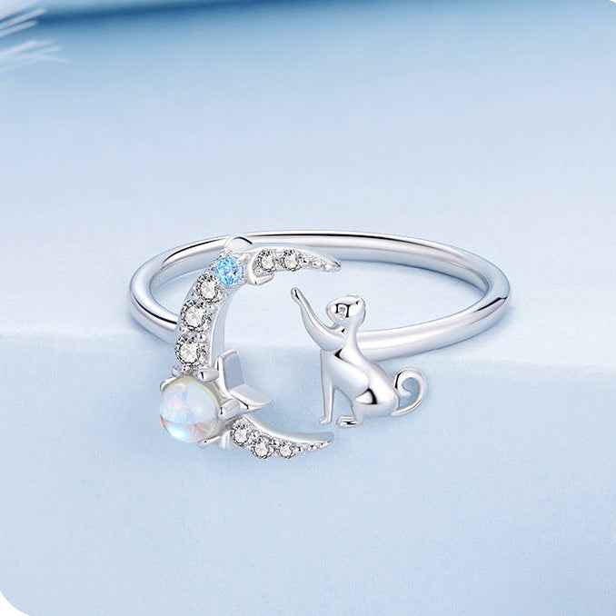 Moonlit Kitty S925 Silver Moonstone Cat Crescent Adjustable Ring
