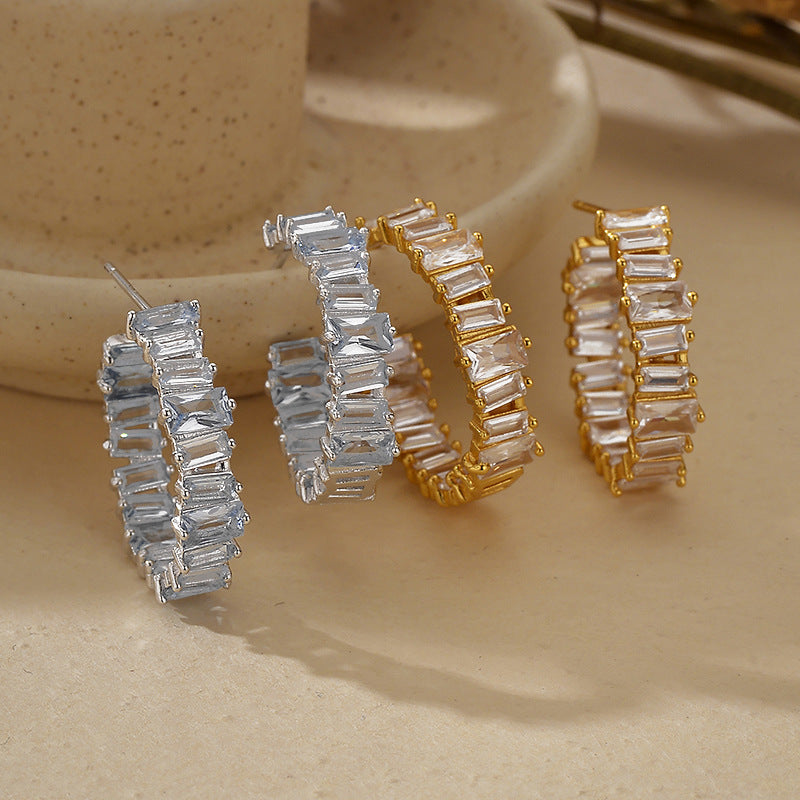 “Ciel Eclat” S925 Sterling Silver Zircon C-Hoop Stud Earrings