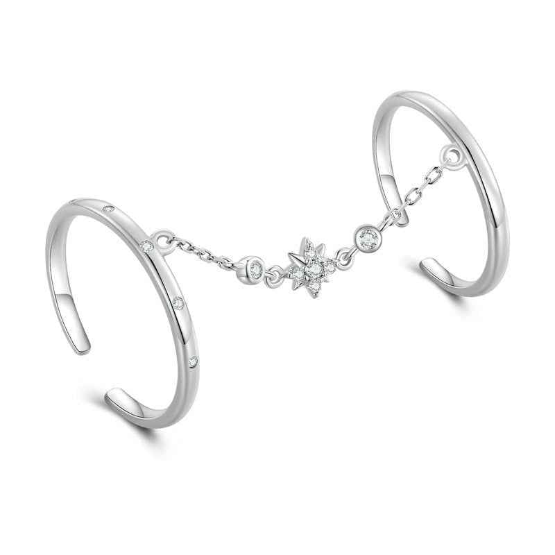925 Sterling Silver Double Band Chain Adjustable Ring
