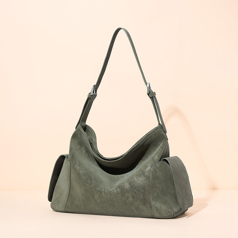 Women's Full-Grain Cowhide Slouchy Shoulder Bag with Side Pockets