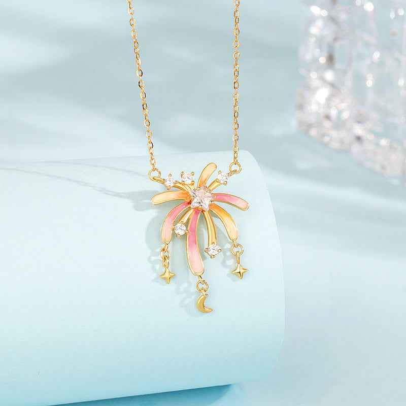 Glow Fireworks Enamel Star Moon Necklace with Zircon in S925 Sterling Silver