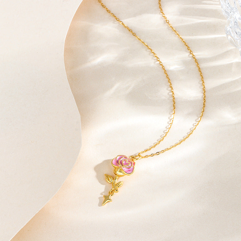 Velour Rose S925 Sterling Silver Pink Rose Heart Pendant Necklace