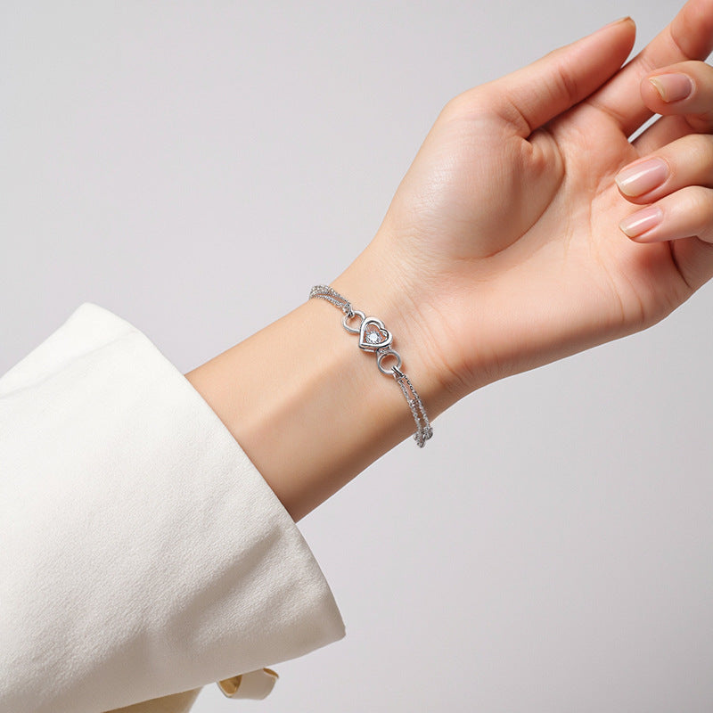 “Heart Duo” S925 Sterling Silver Double-Chain Heart Bracelet