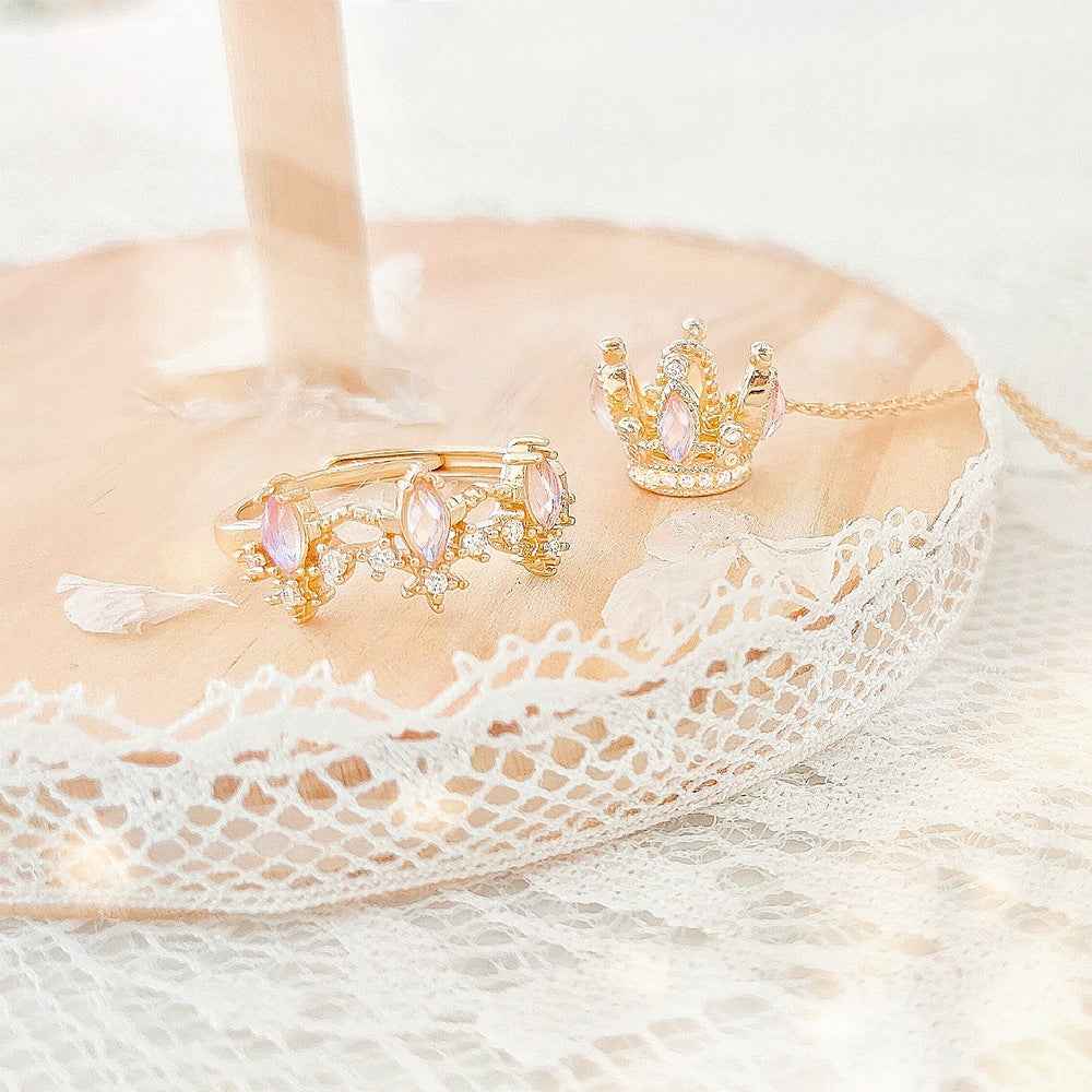 Starlit Crown Crystal Necklace & Adjustable Ring Set 925 Sterling Silver