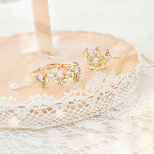 Starlit Crown Crystal Necklace & Adjustable Ring Set 925 Sterling Silver