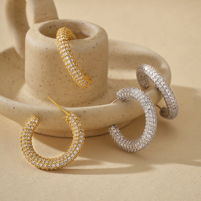 “Ciel Luxe” S925 Sterling Silver Zircon Pavé C-Hoop Earrings