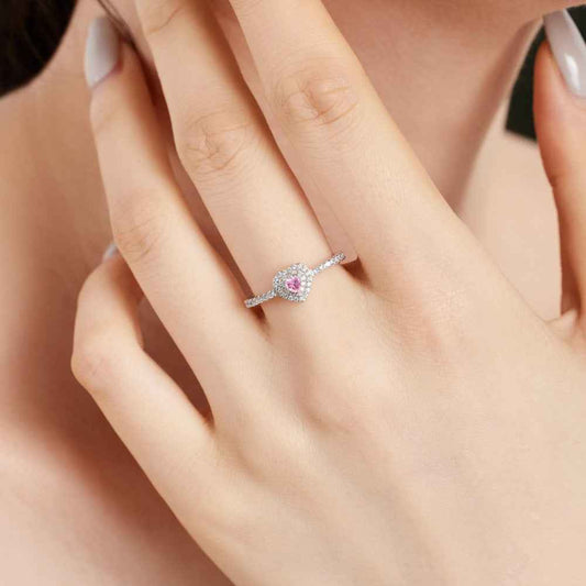 925 Sterling Silver Pink Double Halo Heart Ring – Twilight Double Heart