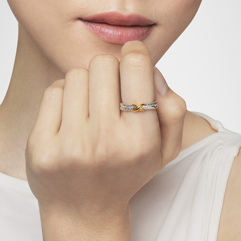 “Crossed Luxe” S925 Sterling Silver Two-Tone Interlocking Ring