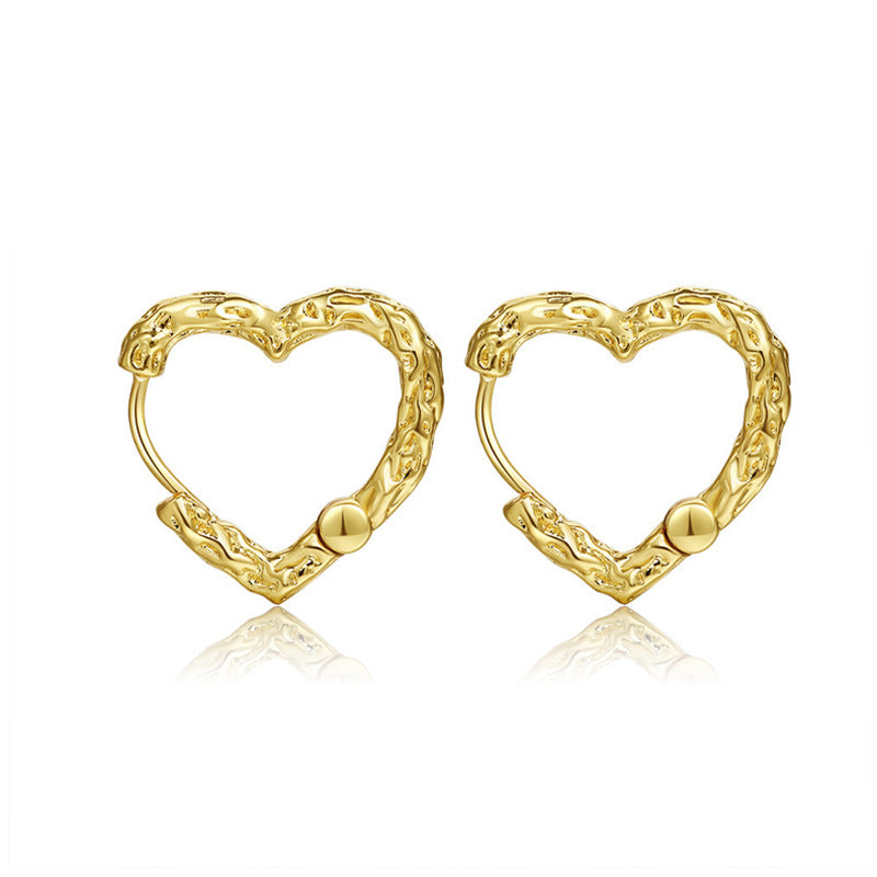 “Textured Heart” S925 Sterling Silver Irregular Heart Hoop Earrings