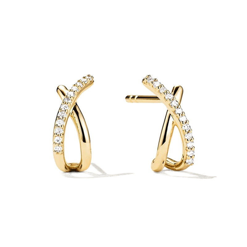 “Crossline Elegance” S925 Sterling Silver Crisscross Stud Earrings with Sparkling Accents