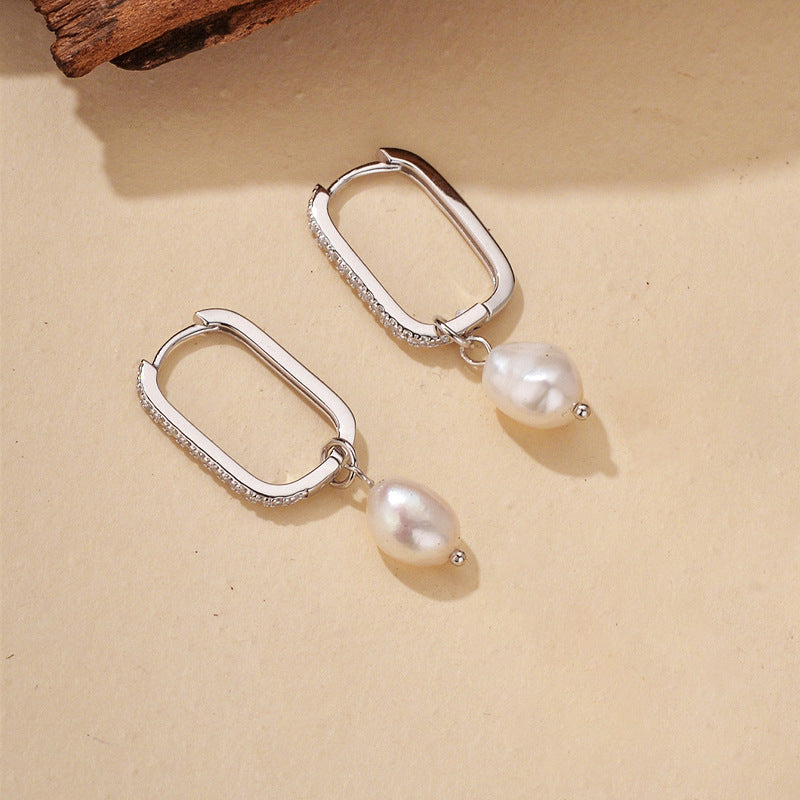 “Pearl Veil” S925 Sterling Silver U-Shaped Zircon Huggie Hoop Earrings