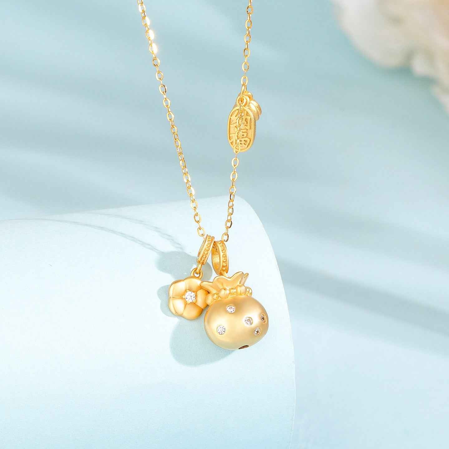 Fortune Bloom Lucky Pouch Pendant Necklace with Zircon in S925 Sterling Silver