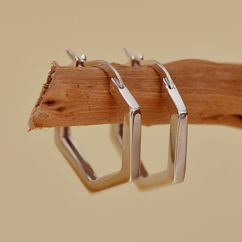 “Hexagon Muse” S925 Sterling Silver Minimalist Hexagon Hoop Earrings