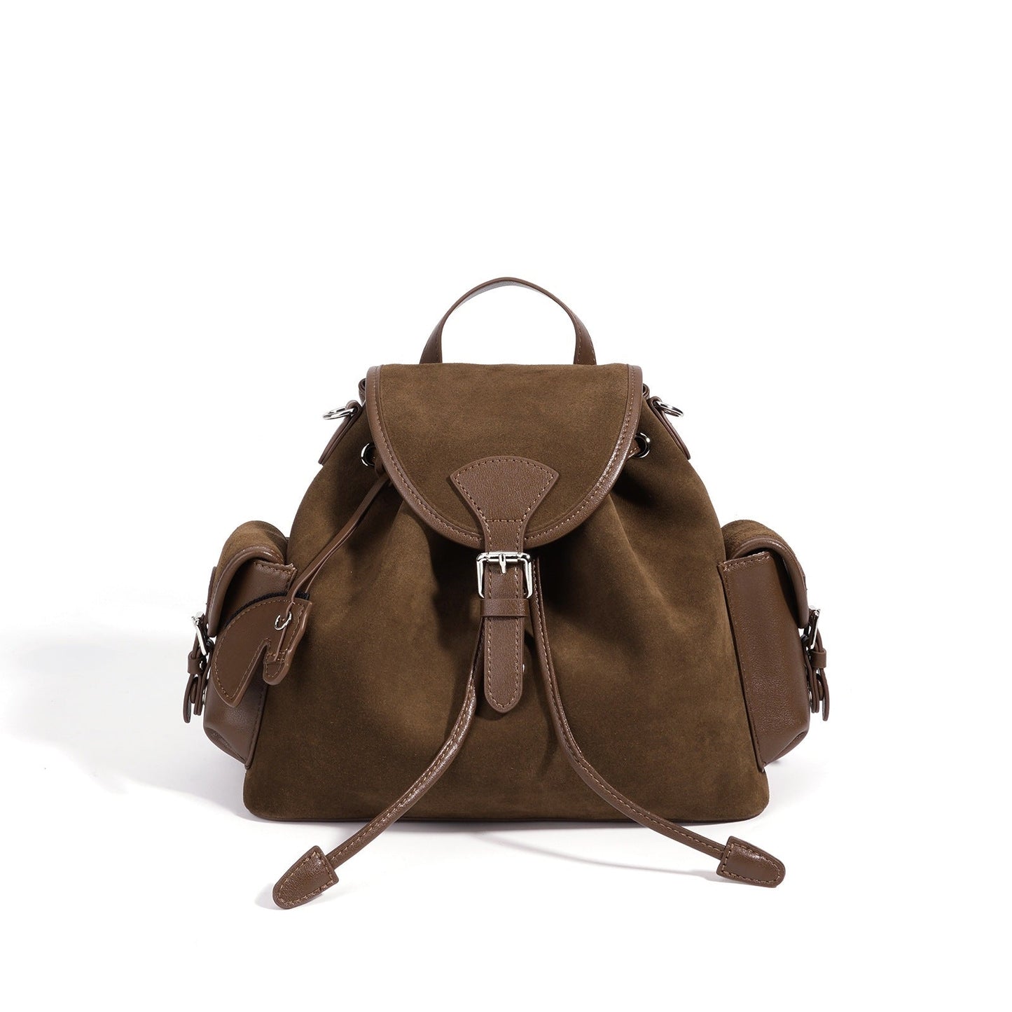 Women's Suede Leather Convertible Flap Backpack with Side Pockets