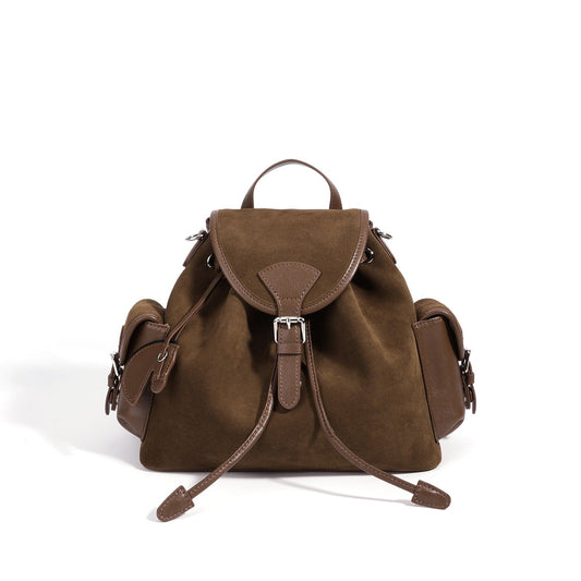 Women's Suede Leather Convertible Flap Backpack with Side Pockets
