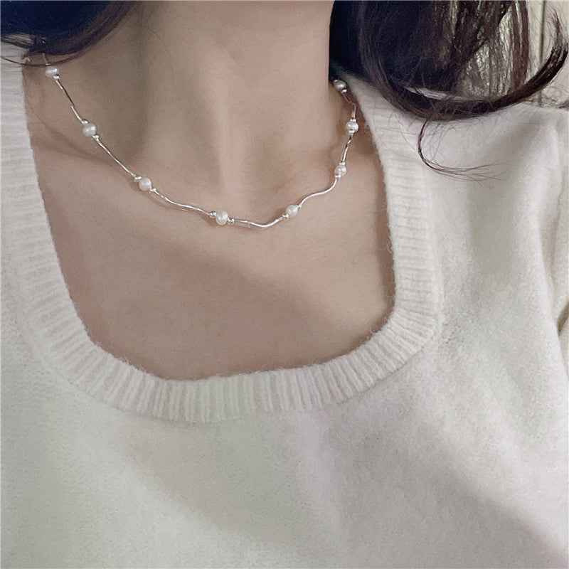 S925 Sterling Silver Waves & Pearls Jewelry Set Necklace Bracelet Freshwater Pearl