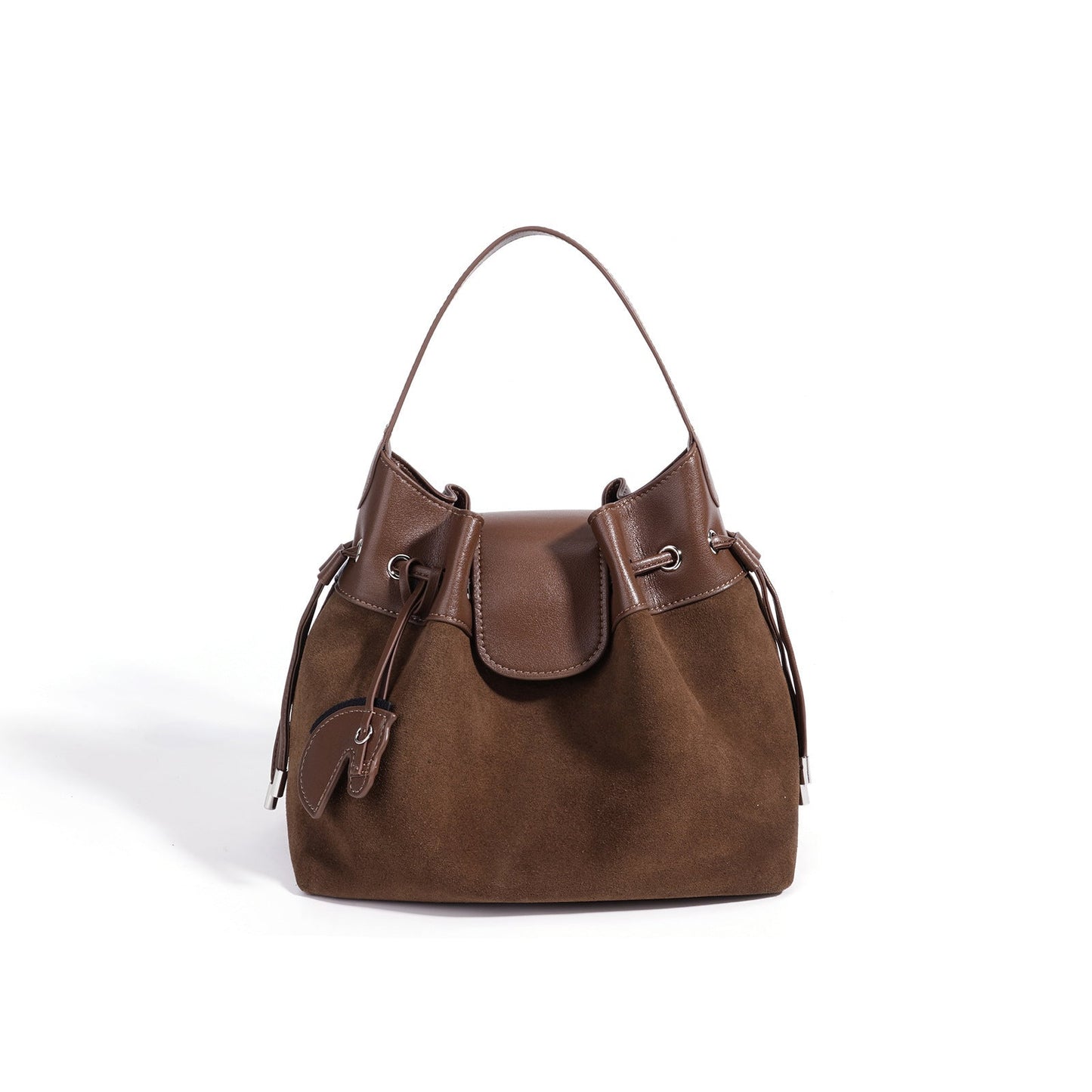 Women's Suede Leather Drawstring Bucket Bag with Horse Charm