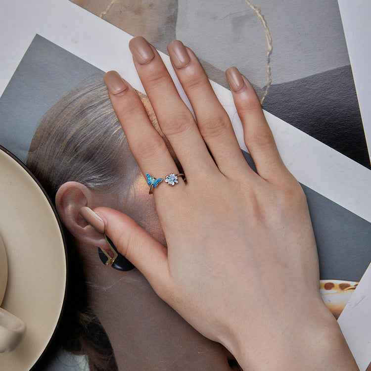 Blue Flutter Bloom S925 Sterling Silver Blue Butterfly Flower Open Ring