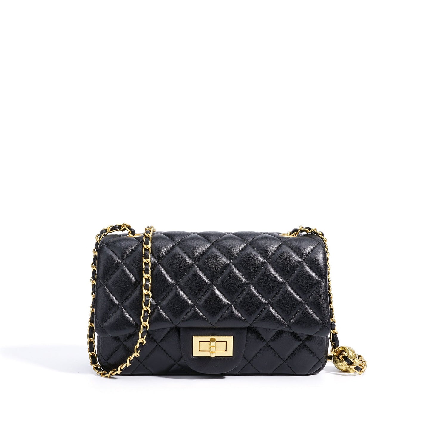 Women's Quilted Sheepskin Flap Bag with Adjustable Gold Chain