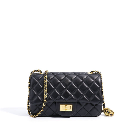 Women's Quilted Sheepskin Flap Bag with Adjustable Gold Chain