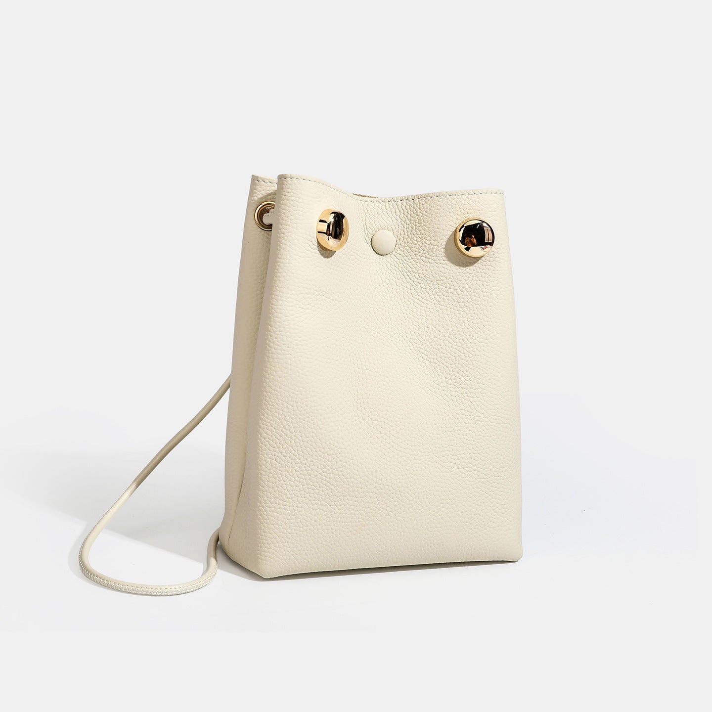 Women's Pebbled Cowhide Drawstring Phone Bag with Gold Accents