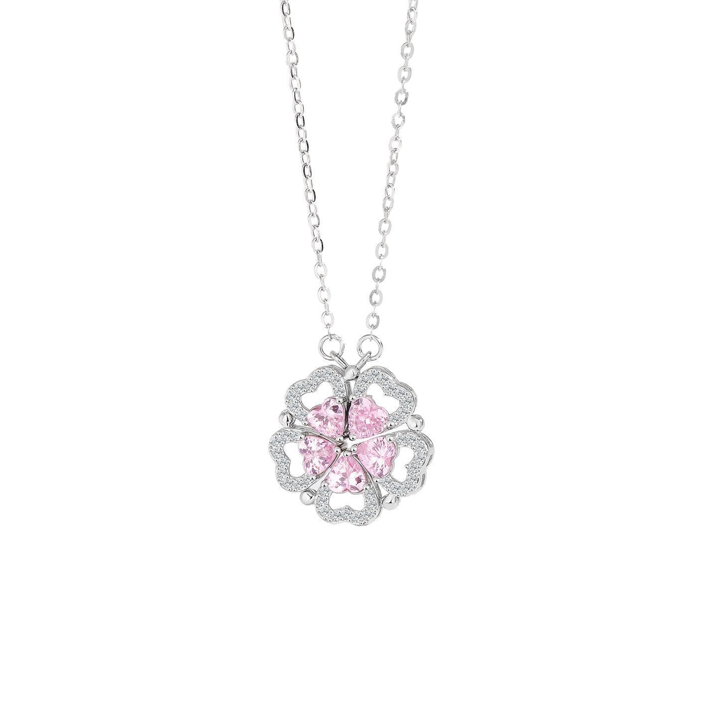Blooming Heart Convertible Flower Heart Necklace with Crystal in S925 Sterling Silver
