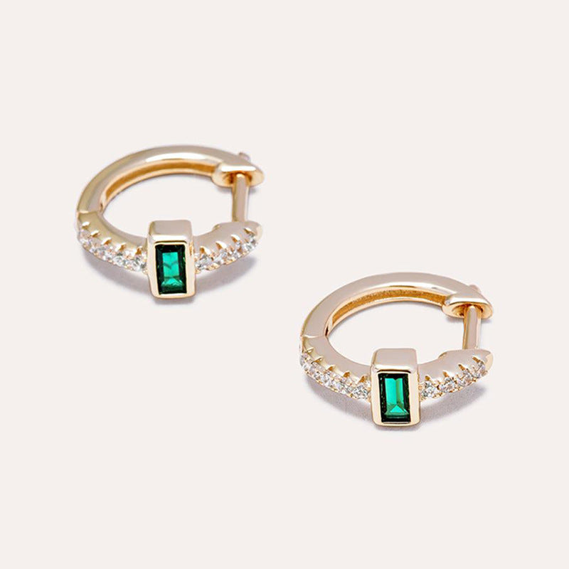 “Emerald Deco” S925 Sterling Silver Green Zircon Huggie Hoop Earrings