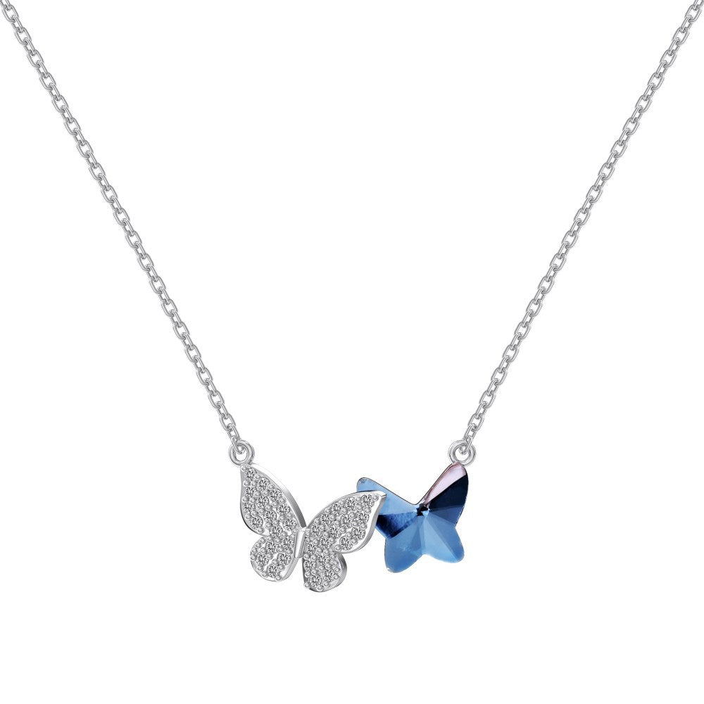 Twin Flutter Butterfly Pendant Necklace with Blue Crystal in S925 Sterling Silver