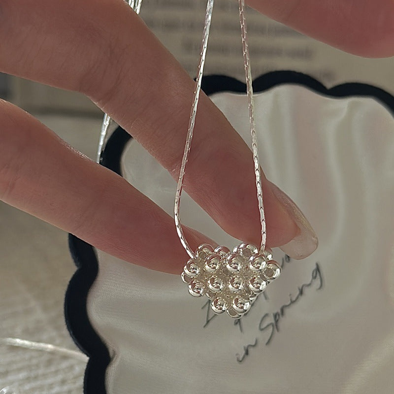 925 Sterling Silver Beaded Heart Necklace Korean Vintage Heart Bead Necklace