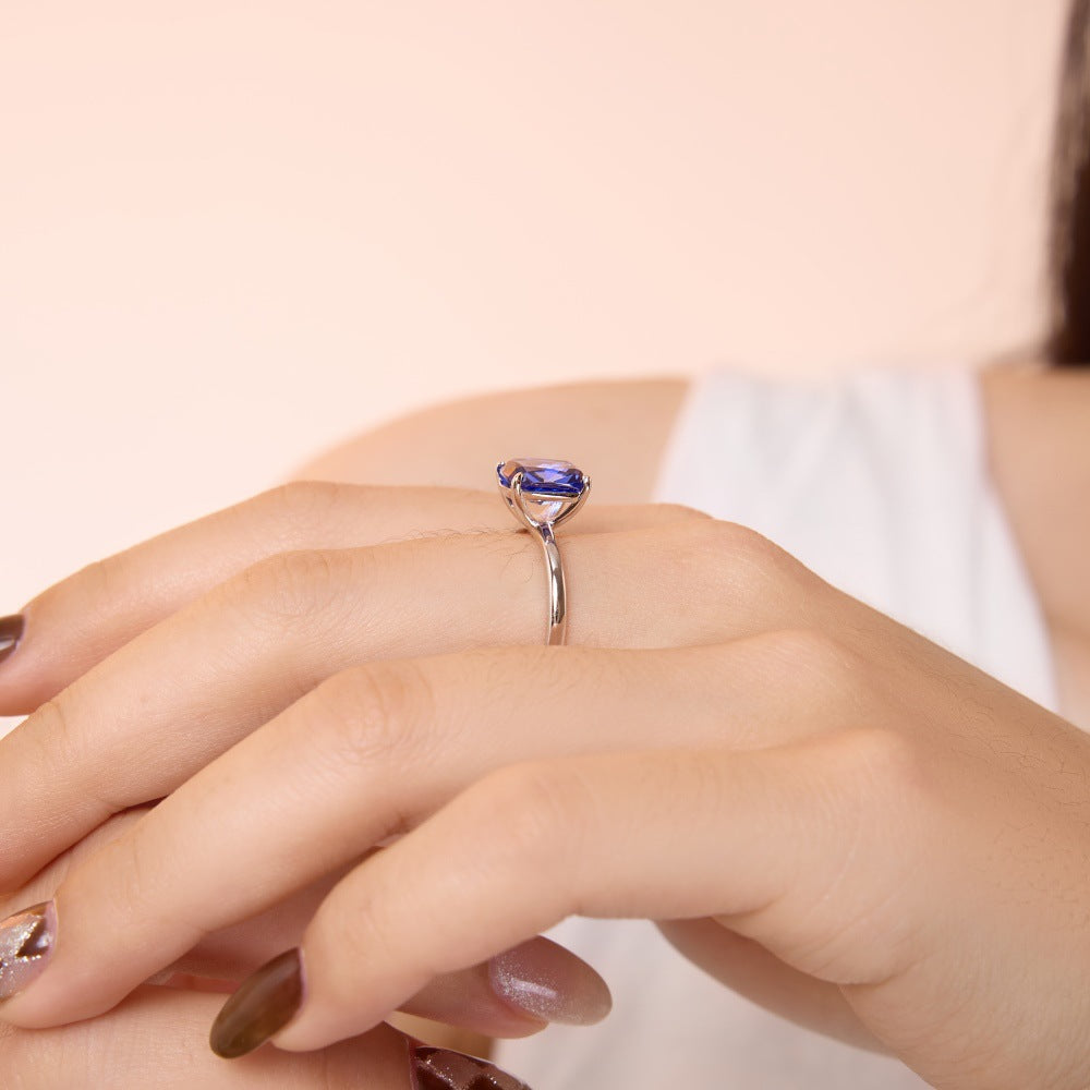 925 Sterling Silver Blue Cushion-Cut Solitaire Ring – Bleu Minuit