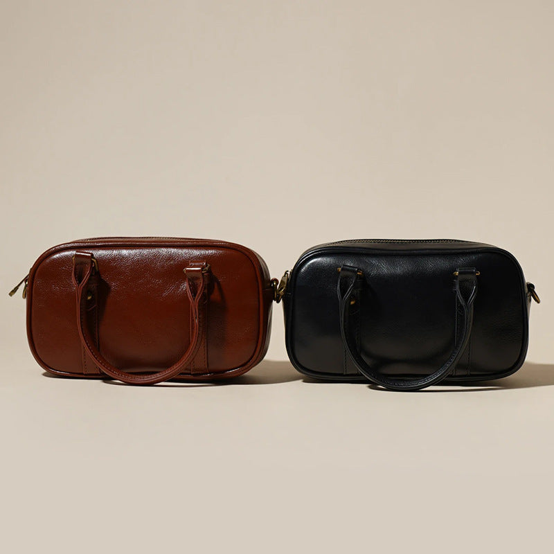 Women's Oil-Waxed Cowhide Mini Boston Bag with Top Handle
