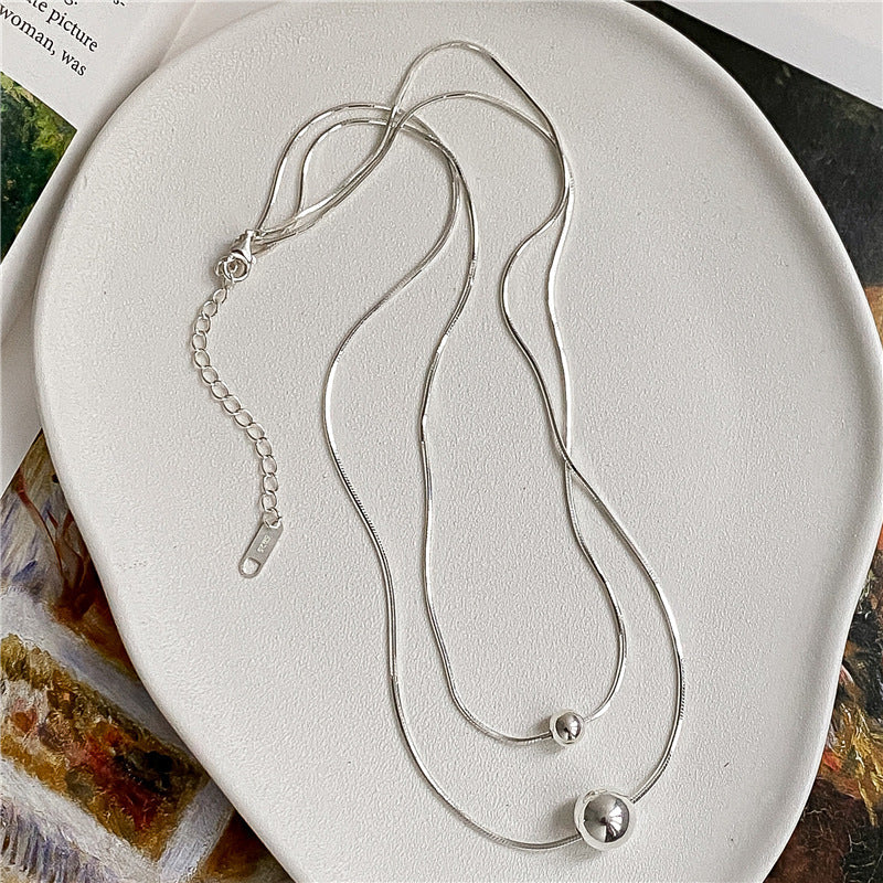 S925 Sterling Silver Silver Spheres Layered Necklace Double Chain Bead Design