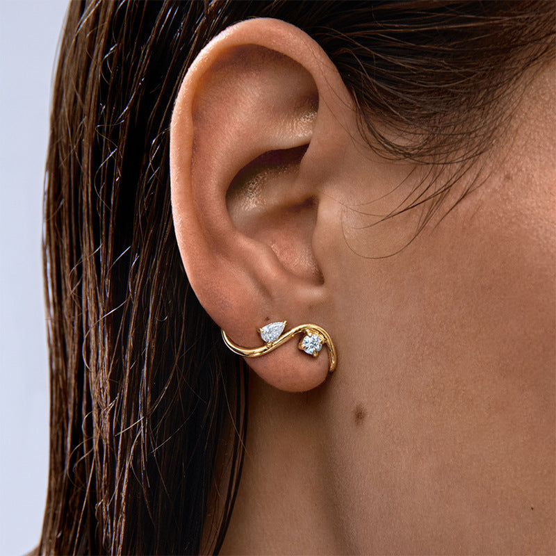 “Sculpted Sway” S925 Sterling Silver S-Curve Stud Earrings with Sparkling Accents