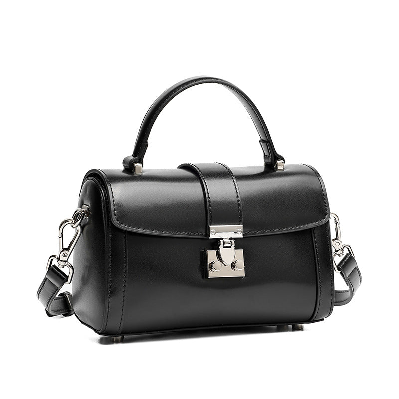 Women's Genuine Leather Cylinder Box Bag with Push Lock