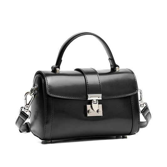 Women's Genuine Leather Cylinder Box Bag with Push Lock