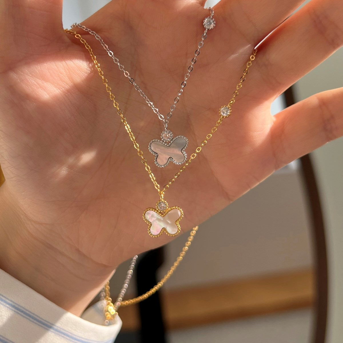 Butterfly Gleam Mother of Pearl Butterfly Pendant Necklace with Zircon Details, S925 Sterling Silver
