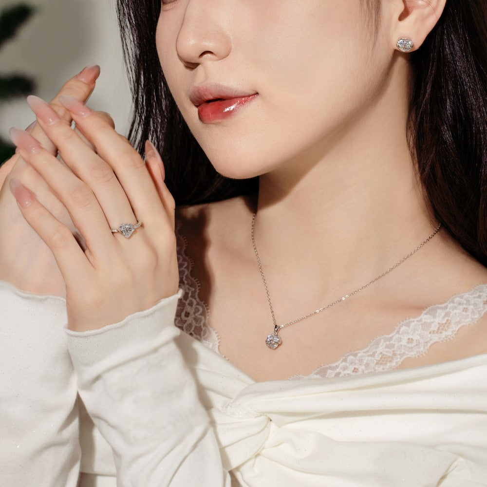 “Heart Bow” S925 Sterling Silver Zircon Necklace, Ring & Stud Earrings Set
