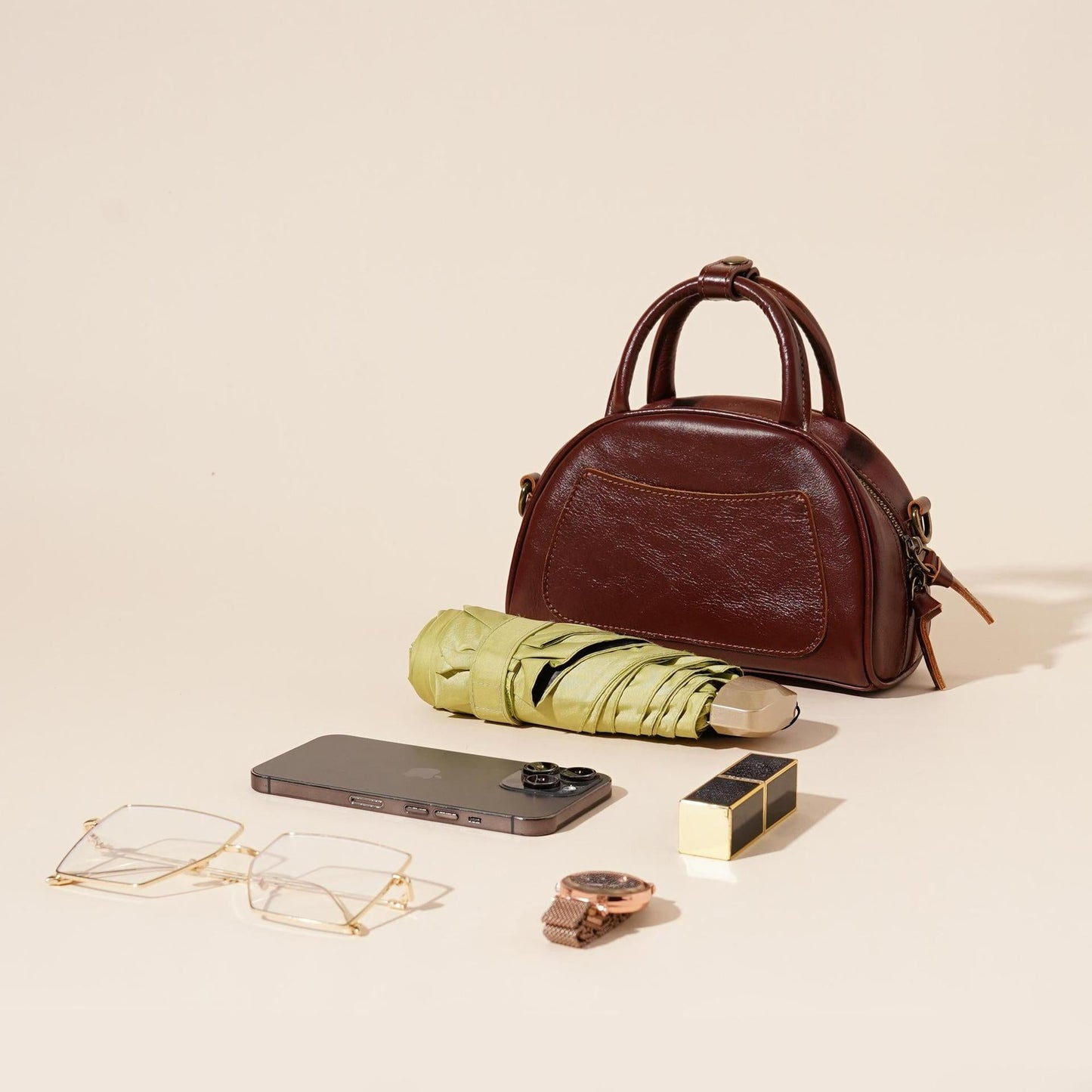 Women's Oil-Waxed Cowhide Mini Dome Boston Bag