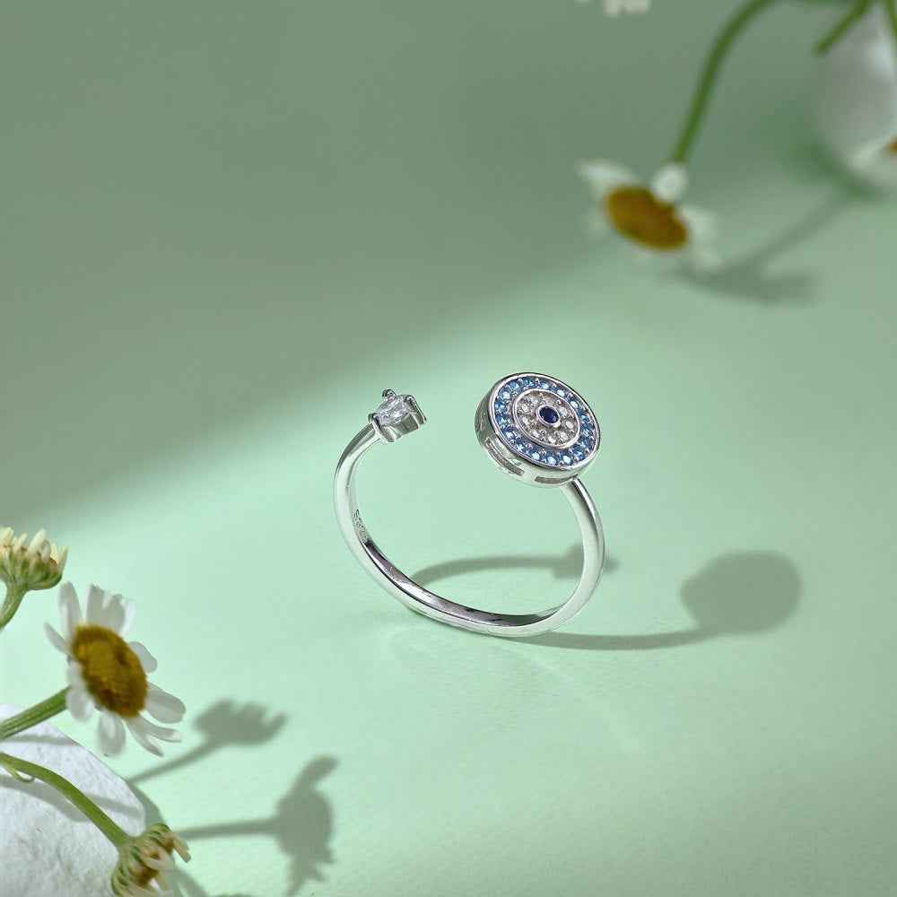 Azure Guardian Rotating Evil Eye Open Ring 925 Sterling Silver