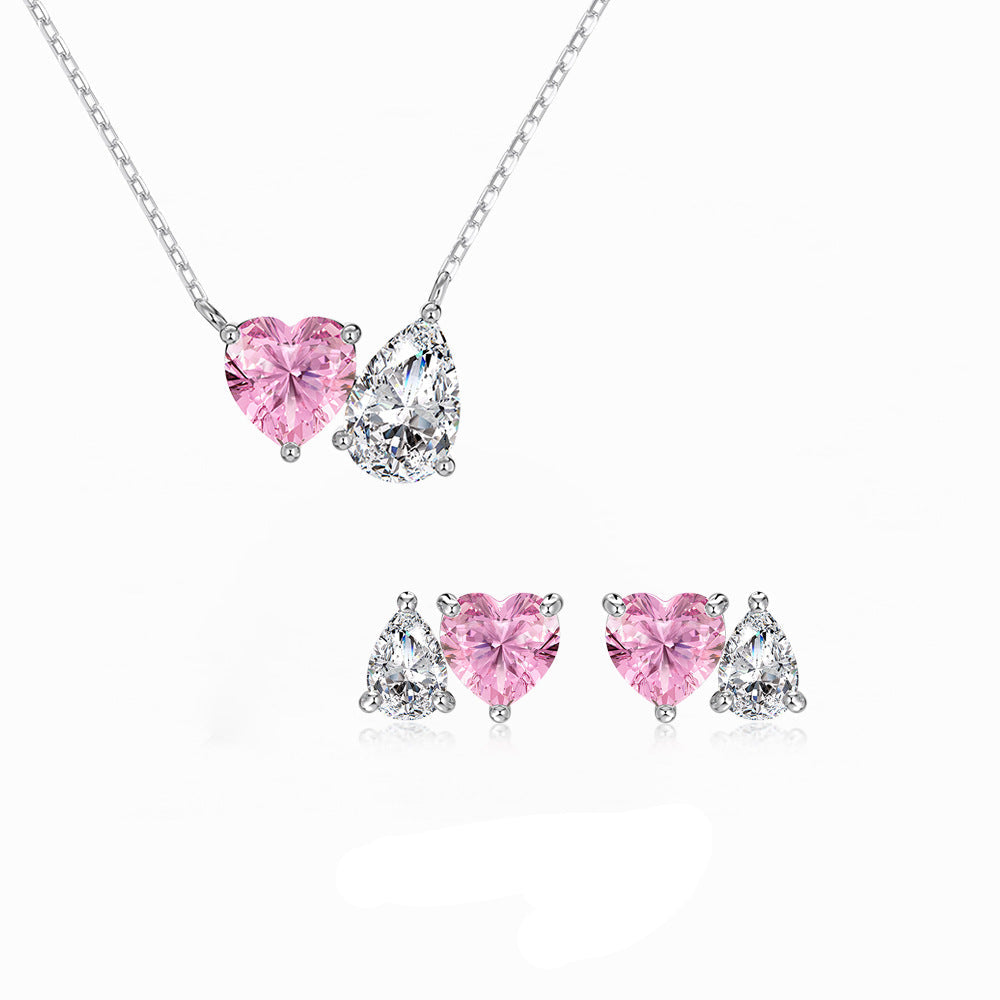 S925 Sterling Silver Heart & Tear Jewelry Set Necklace Stud Earrings CZ Elegant Set