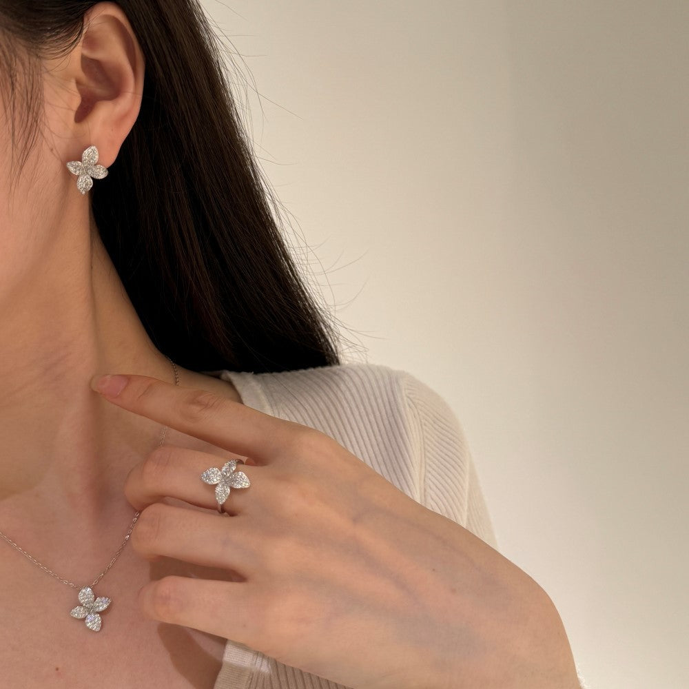 Aurelia Bloom S925 Sterling Silver Flower Zircon Necklace Earrings Ring Set