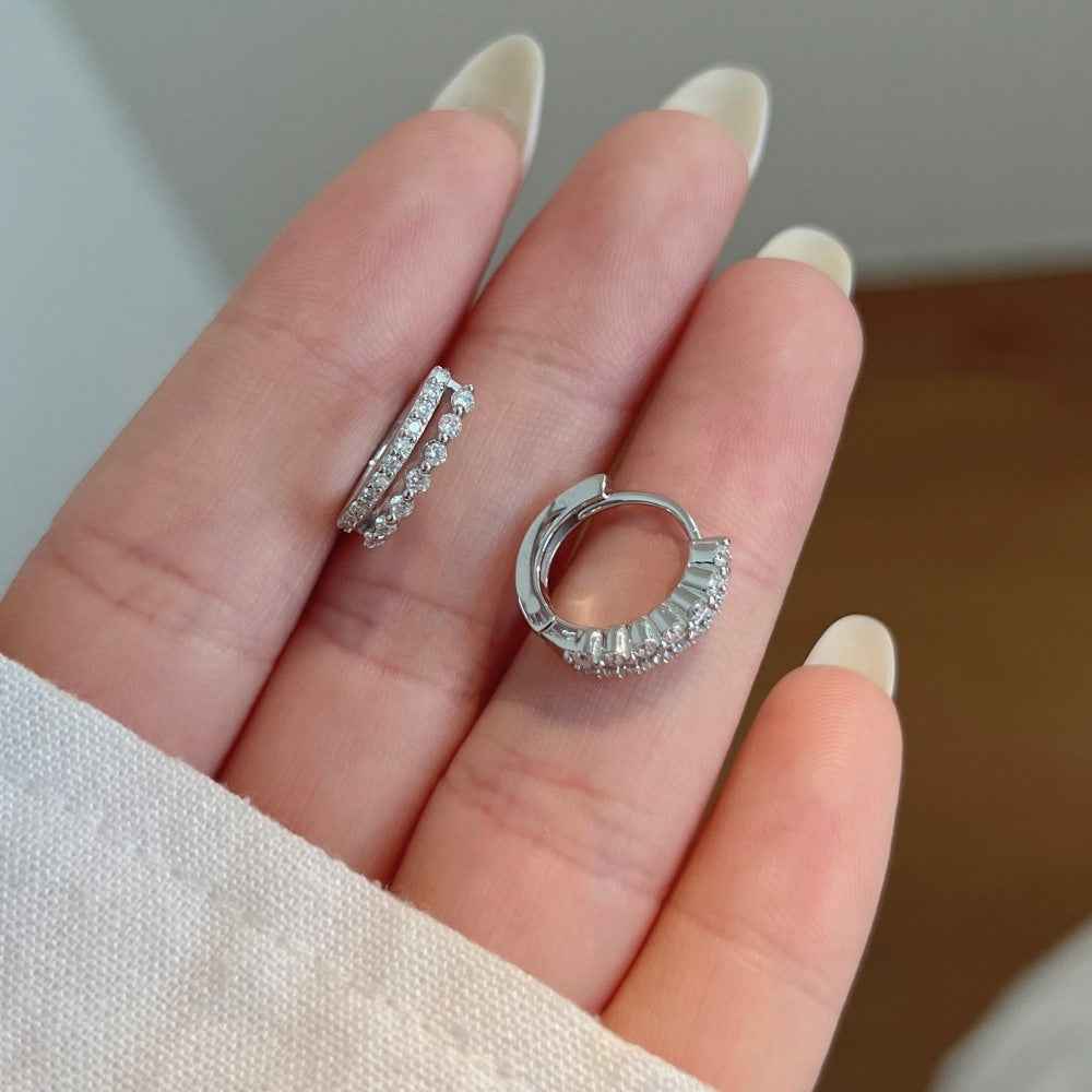 925 Sterling Silver Double Gleam Dual-Row Moissanite Huggie Hoop Earrings 10mm